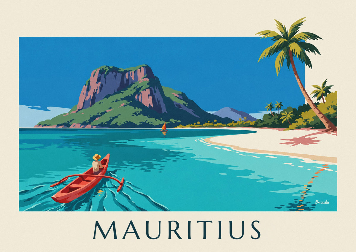 Poster Lagune, Kokospalmen und Le Morne Brabant auf Mauritius