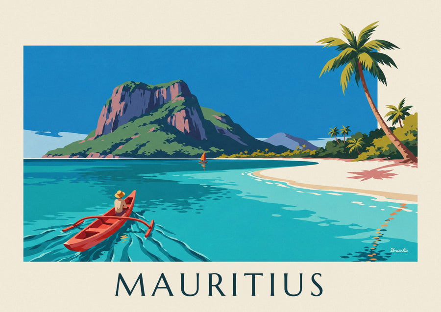 Poster Lagune, Kokospalmen und Le Morne Brabant auf Mauritius