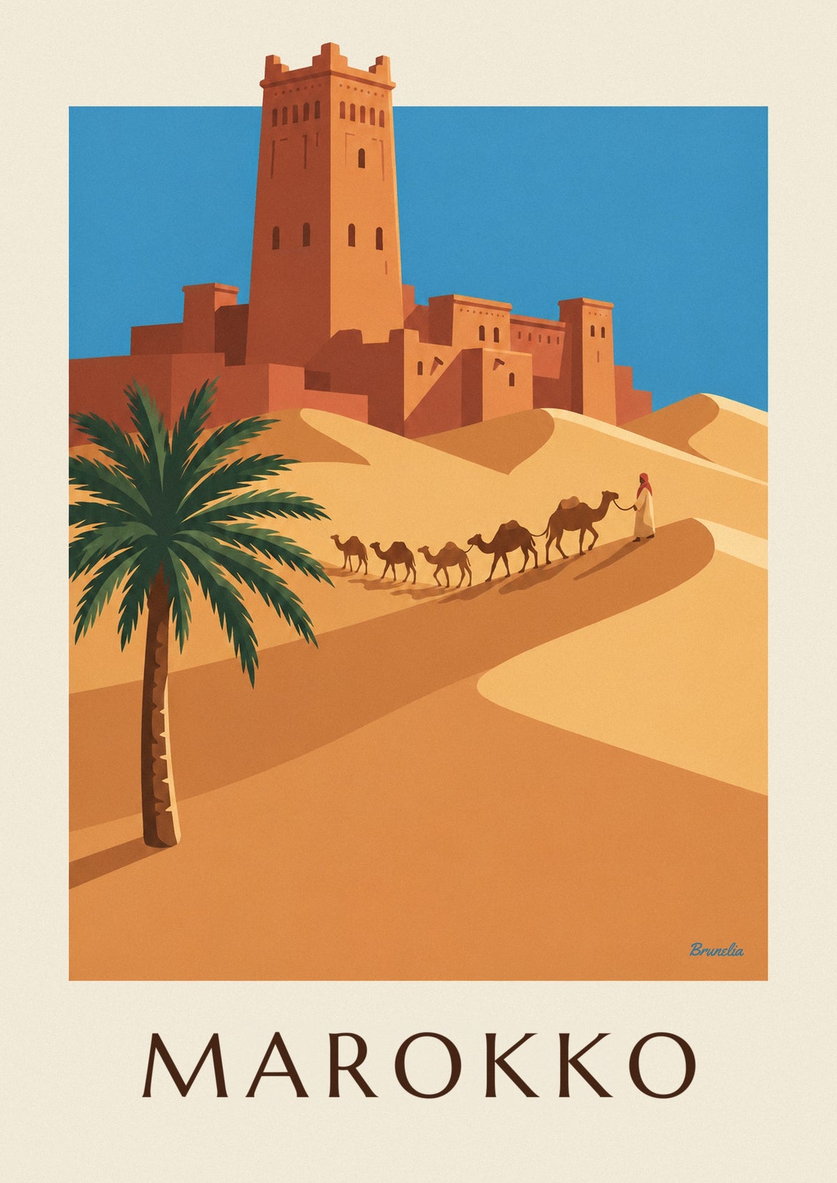 Poster Kasbah und Kamelkarawane in der marokkanischen Wüste