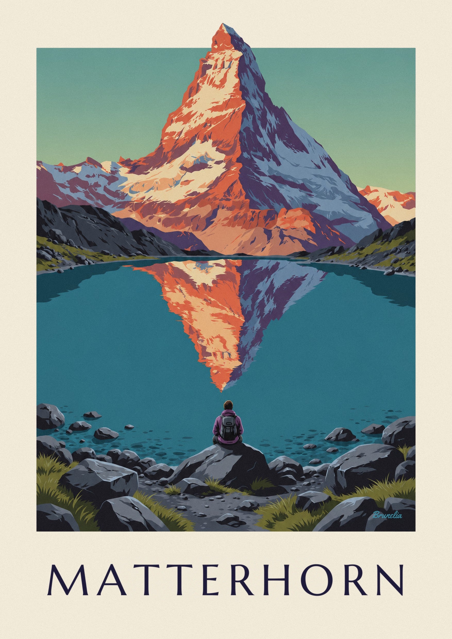 Poster Matterhorn bei Sonnenuntergang, gespiegelt in einem Bergsee: Detail in Nahaufnahme