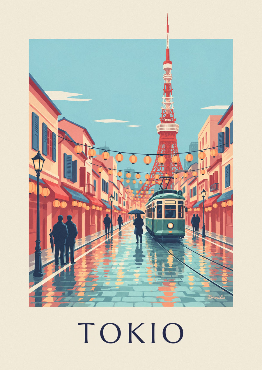 Poster Alte Straßenbahn in Tokio und Tokyo Tower in der Abenddämmerung