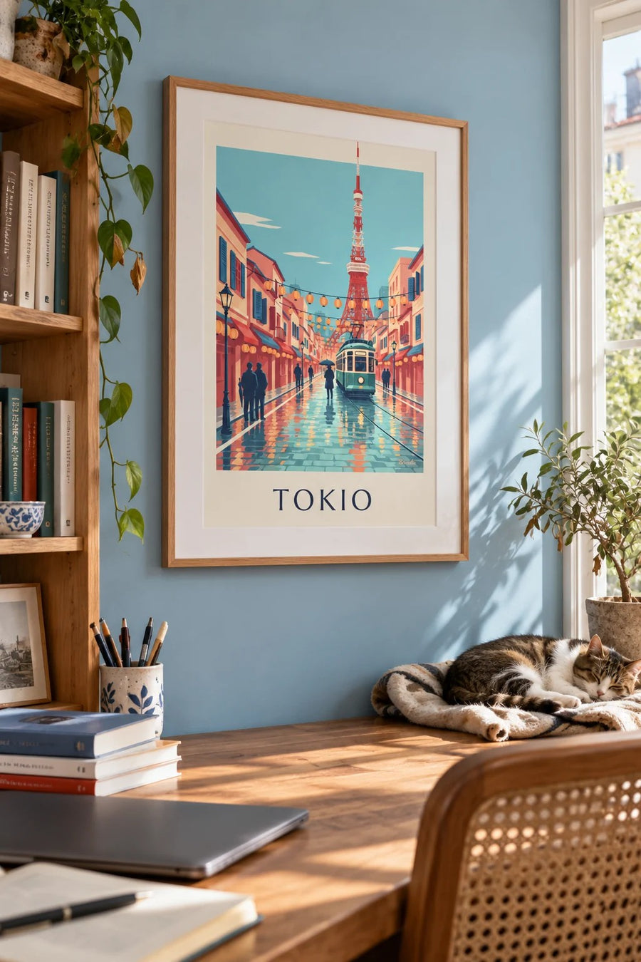Poster Alte Straßenbahn in Tokio und Tokyo Tower in der Abenddämmerung: gerahmt an der Wand