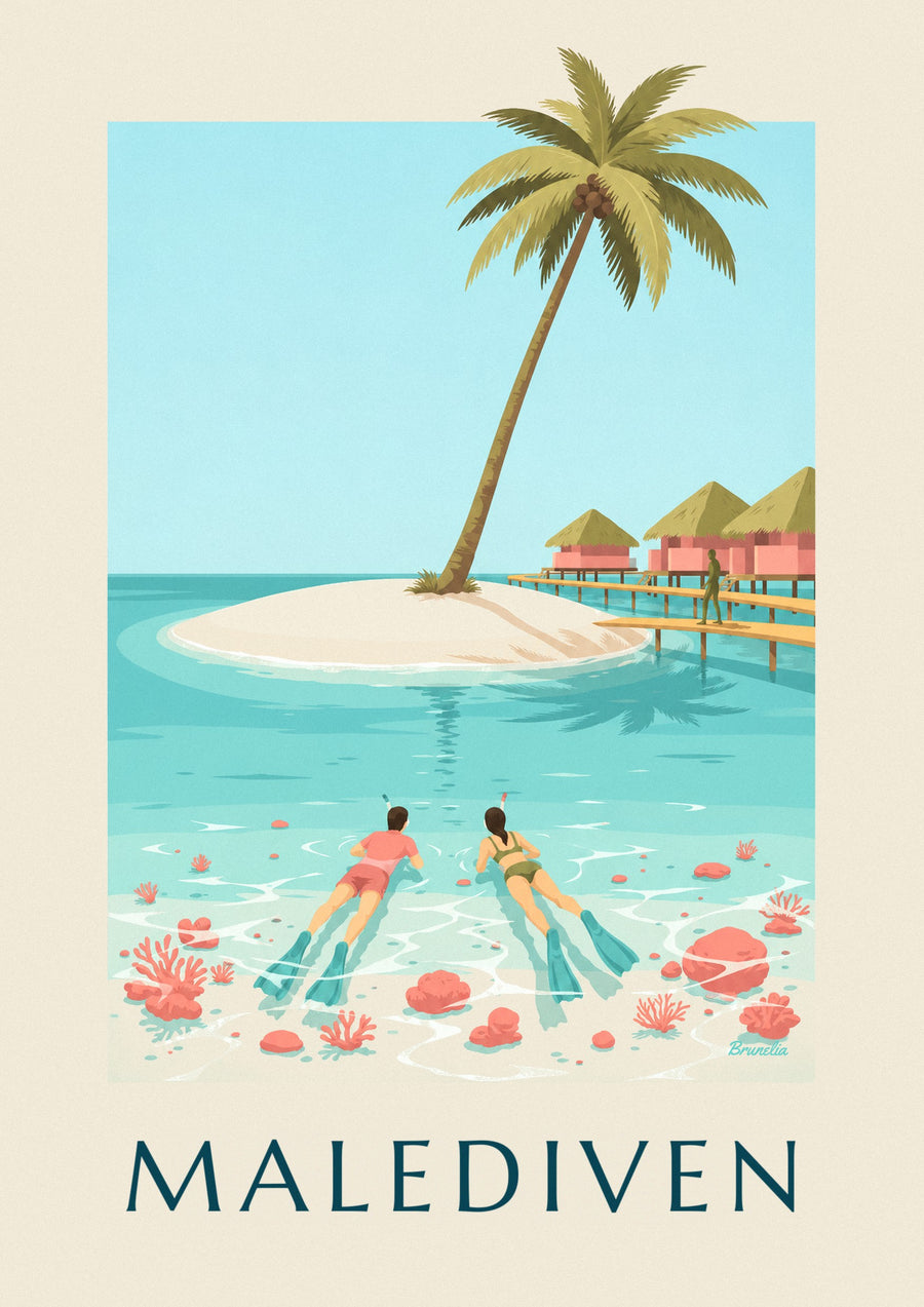Poster Malediven, Schnorchler über den Korallen der Lagune