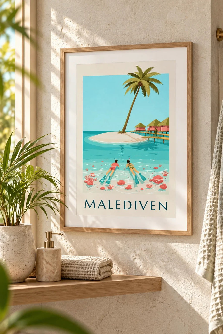 Poster Malediven, Schnorchler über den Korallen der Lagune: kleines Format A4 gerahmt