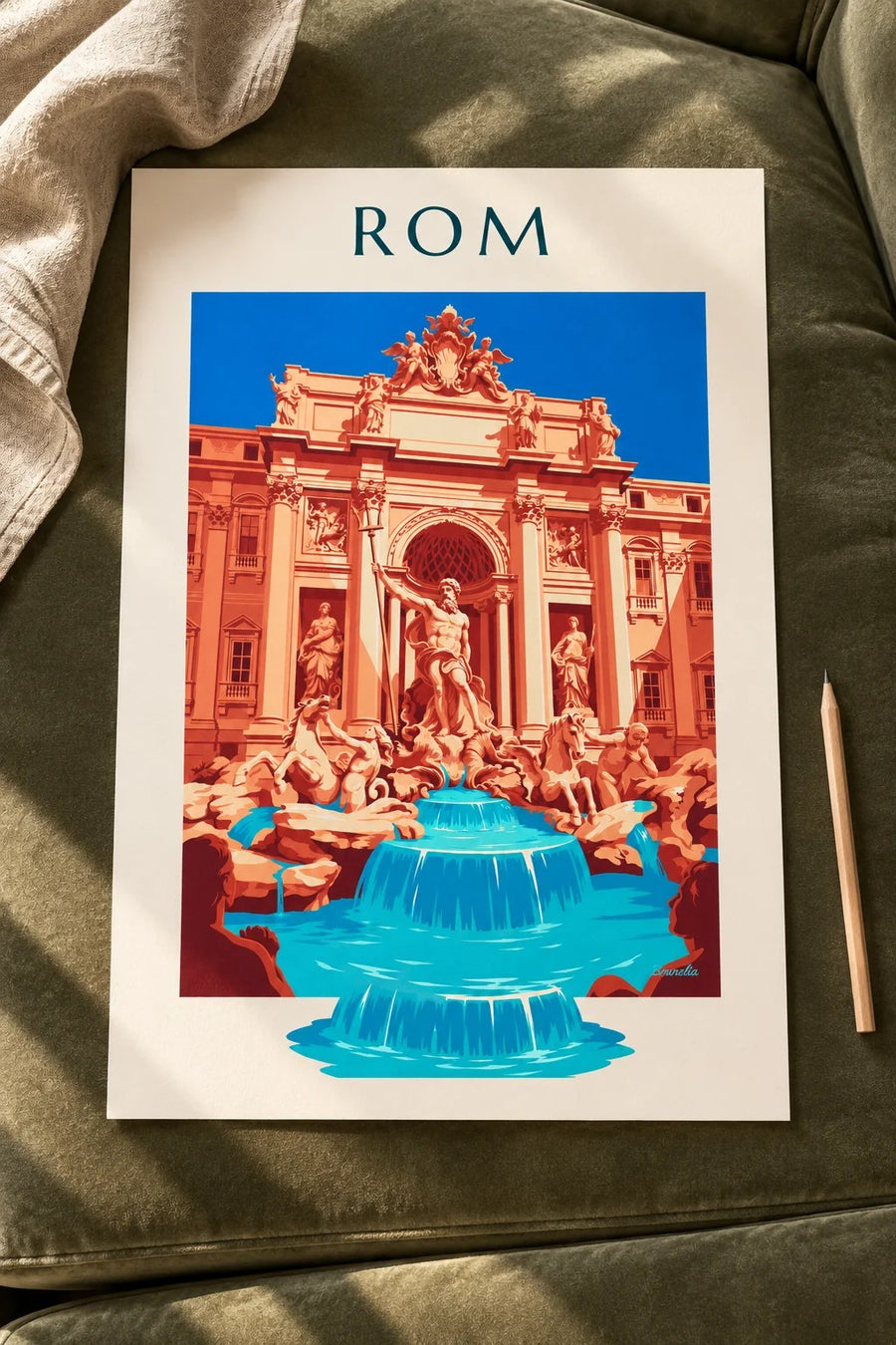 Poster Trevi-Brunnen und Neptun-Statue in Rom: auf einem Tisch