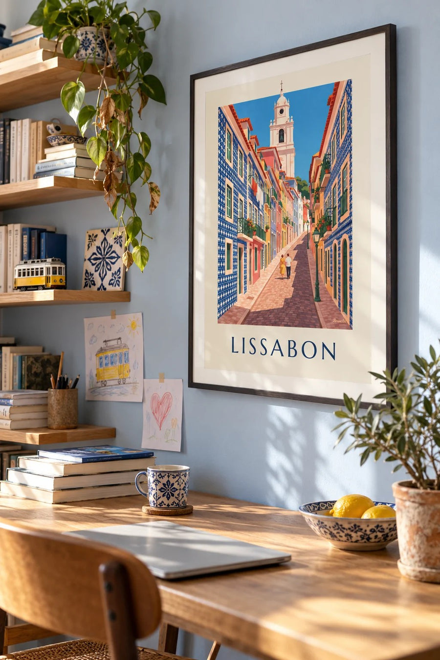 Poster Gasse in Lissabon mit Azulejo-Fassaden: gerahmt an der Wand