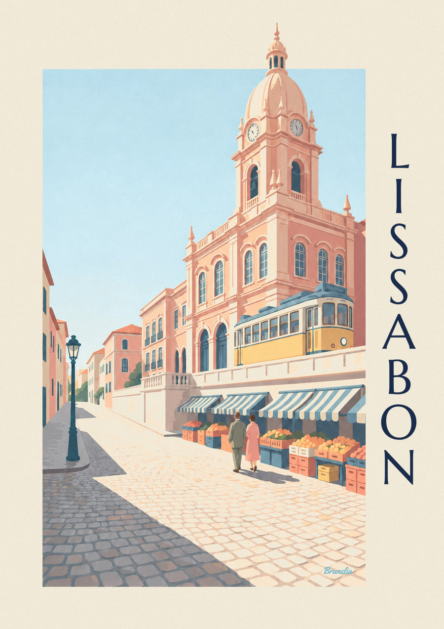 Poster Markthalle Ribeira in Lissabon mit gelber Straßenbahn
