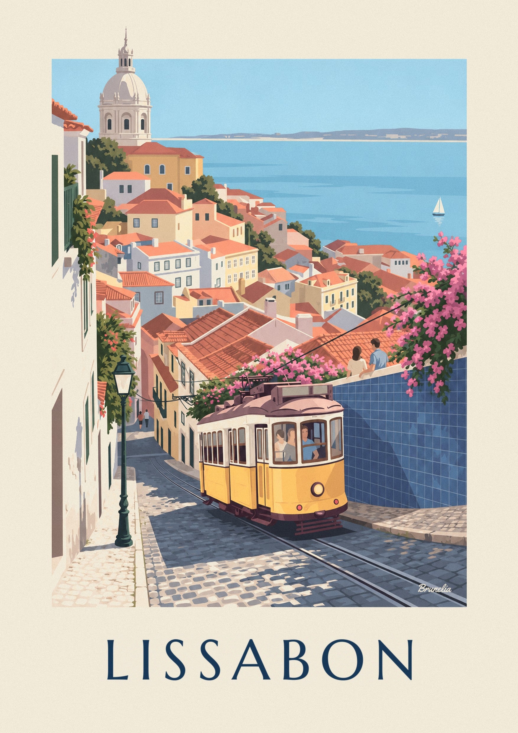 Poster gelbe Straßenbahn in einer Kopfsteinpflastergasse in Lissabon mit Blick auf den Tejo: Detail in Nahaufnahme