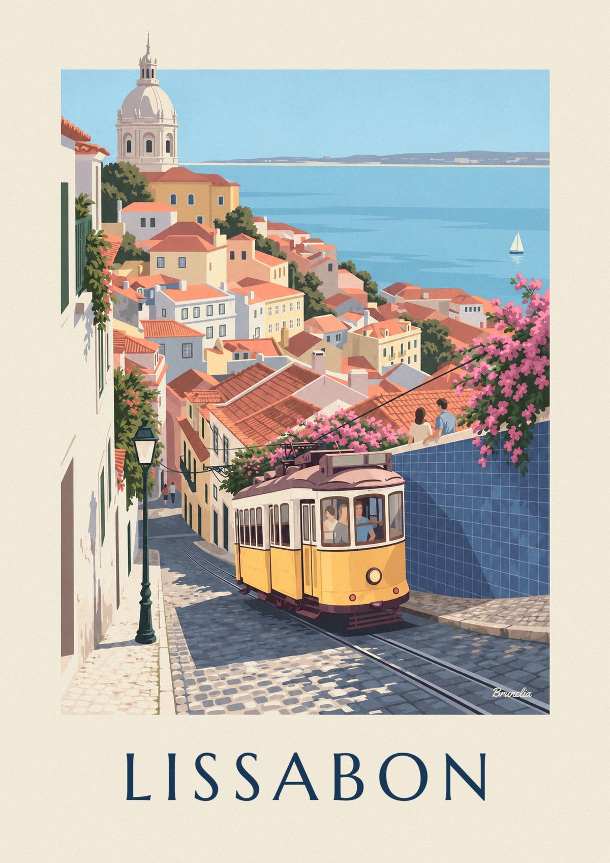 Poster gelbe Straßenbahn in einer Kopfsteinpflastergasse in Lissabon mit Blick auf den Tejo