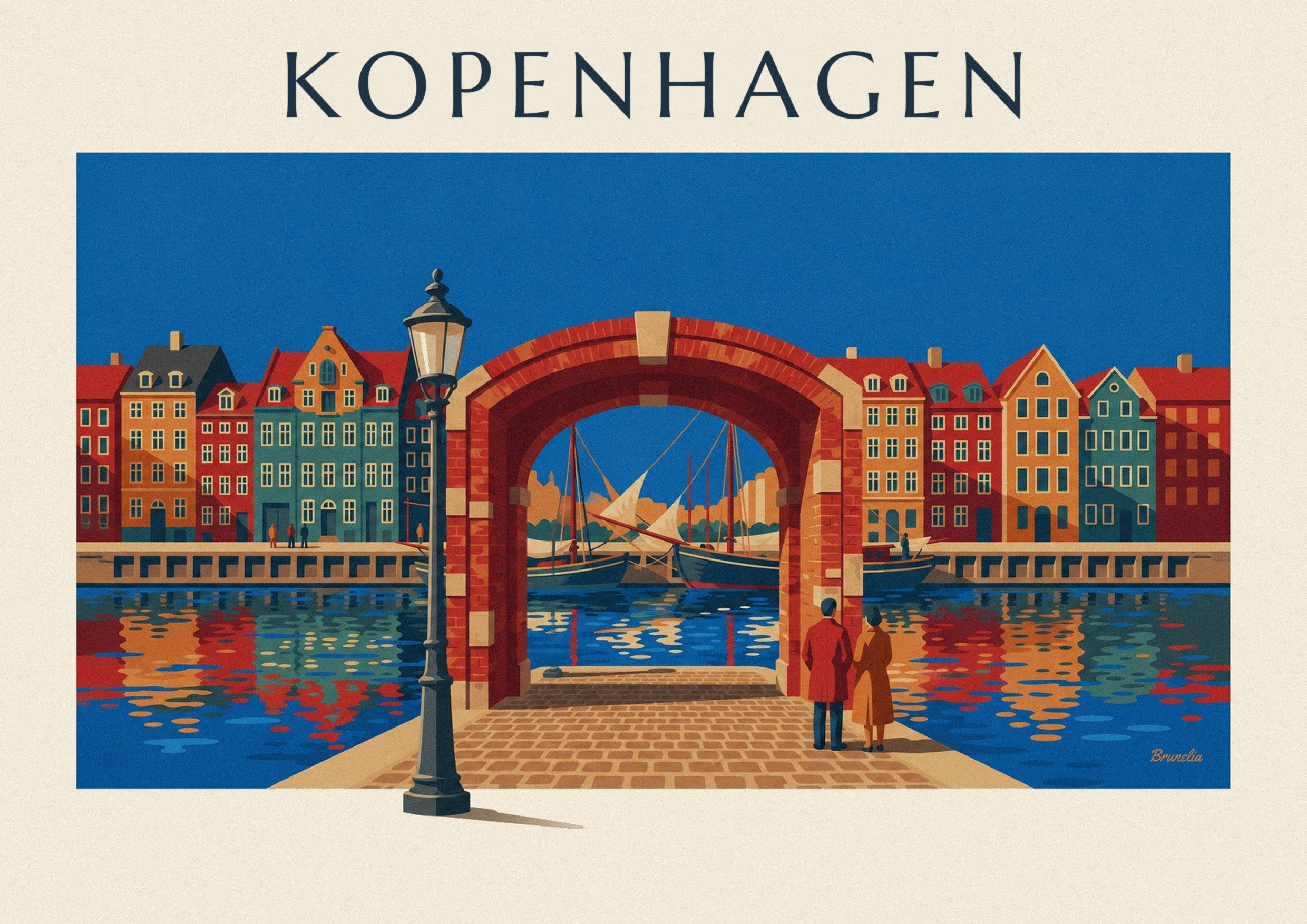 Poster bunte Häuser und alte Segelschiffe am Nyhavn in Kopenhagen: Detail in Nahaufnahme