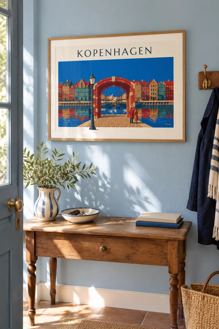 Poster bunte Häuser und alte Segelschiffe am Nyhavn in Kopenhagen: gerahmt an der Wand