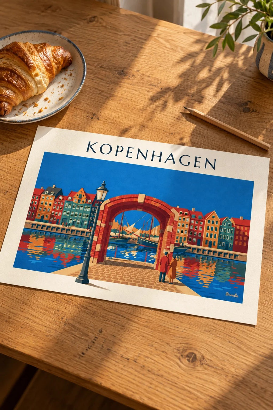 Poster bunte Häuser und alte Segelschiffe am Nyhavn in Kopenhagen: flach auf einem Tisch