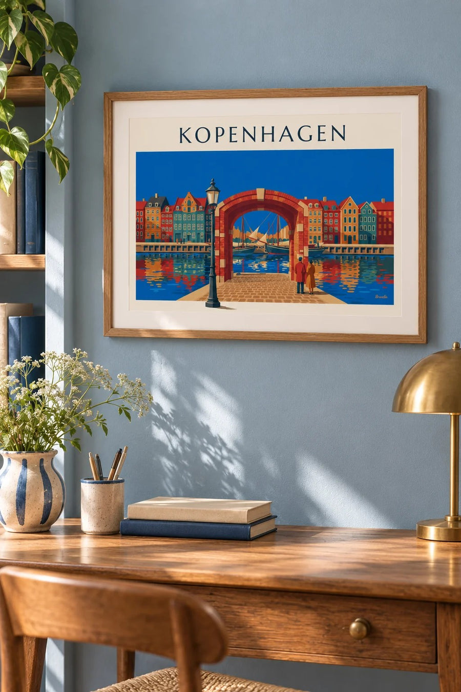Poster bunte Häuser und alte Segelschiffe am Nyhavn in Kopenhagen: im Format A4 gerahmt