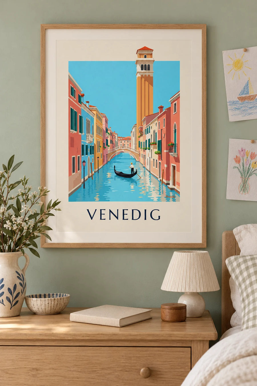 Affiche gondolier sur un canal de Venise : encadrée au mur