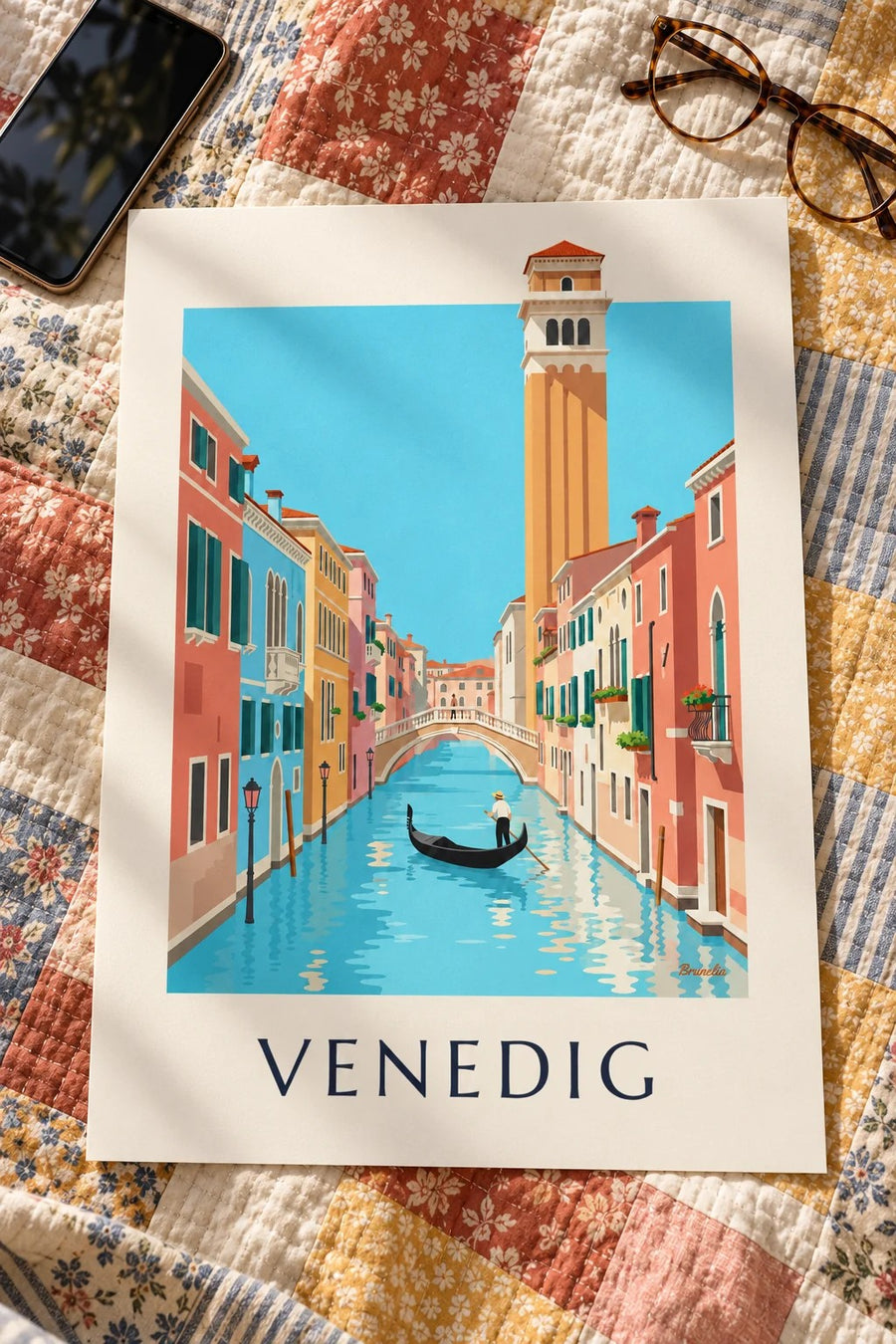 Poster Gondoliere auf einem Kanal in Venedig: flach auf einem Tisch