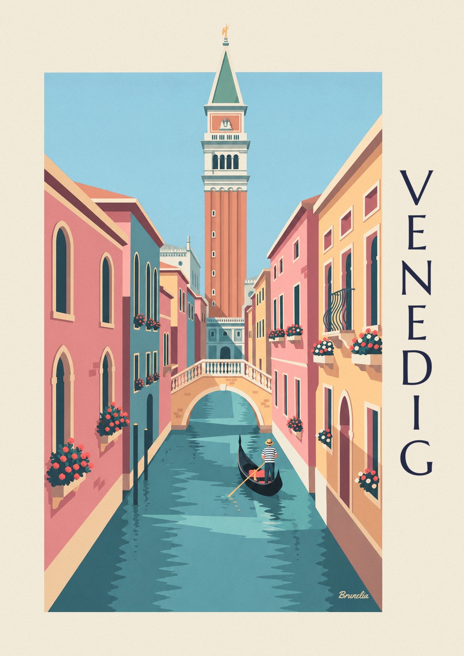 Poster Gondoliere auf einem kleinen Kanal unter dem Campanile in Venedig: Detail in Nahaufnahme