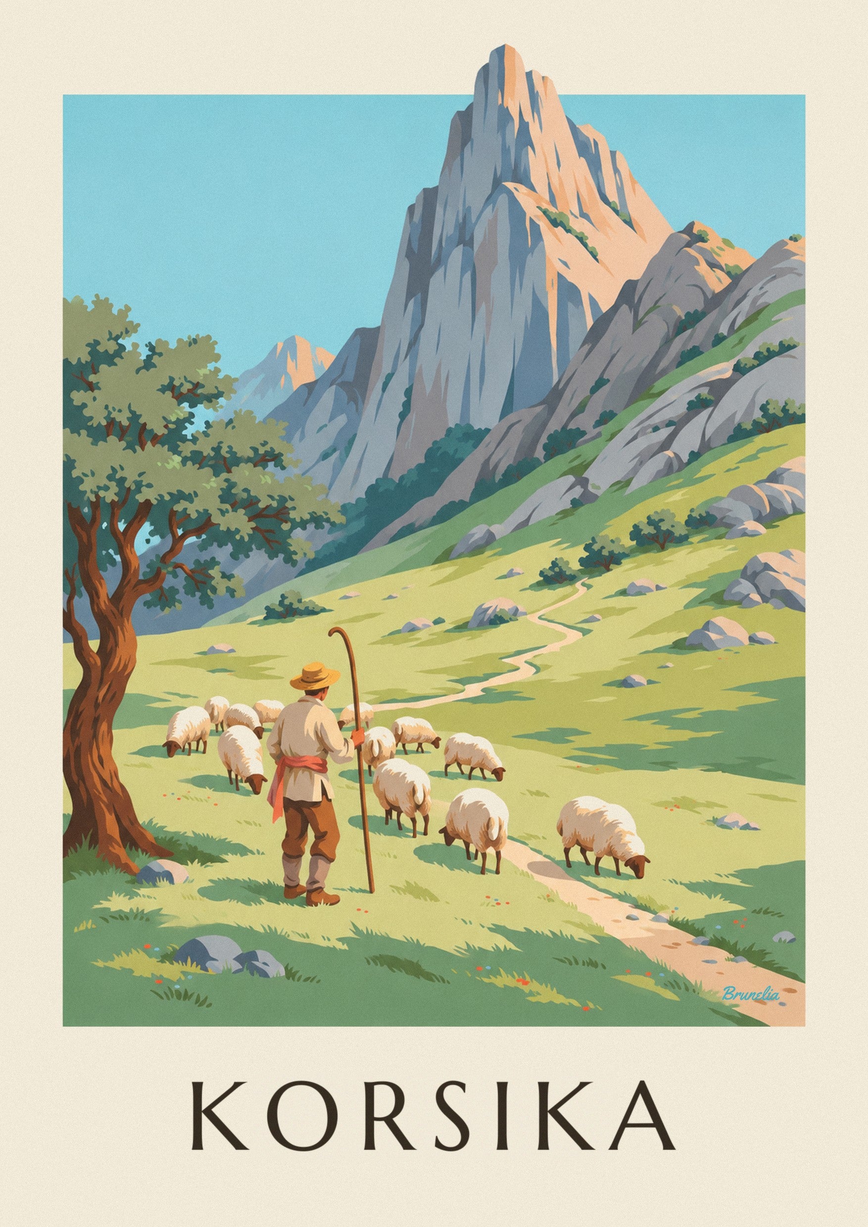 Poster Hirte mit seinen Schafen in den korsischen Bergen: Detail in Nahaufnahme