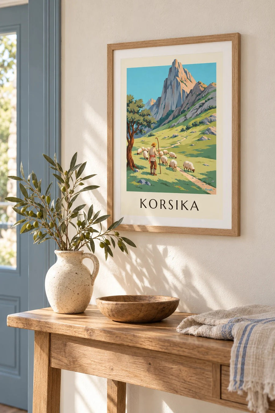 Poster Hirte mit seinen Schafen in den korsischen Bergen: kleines A4-Format, gerahmt