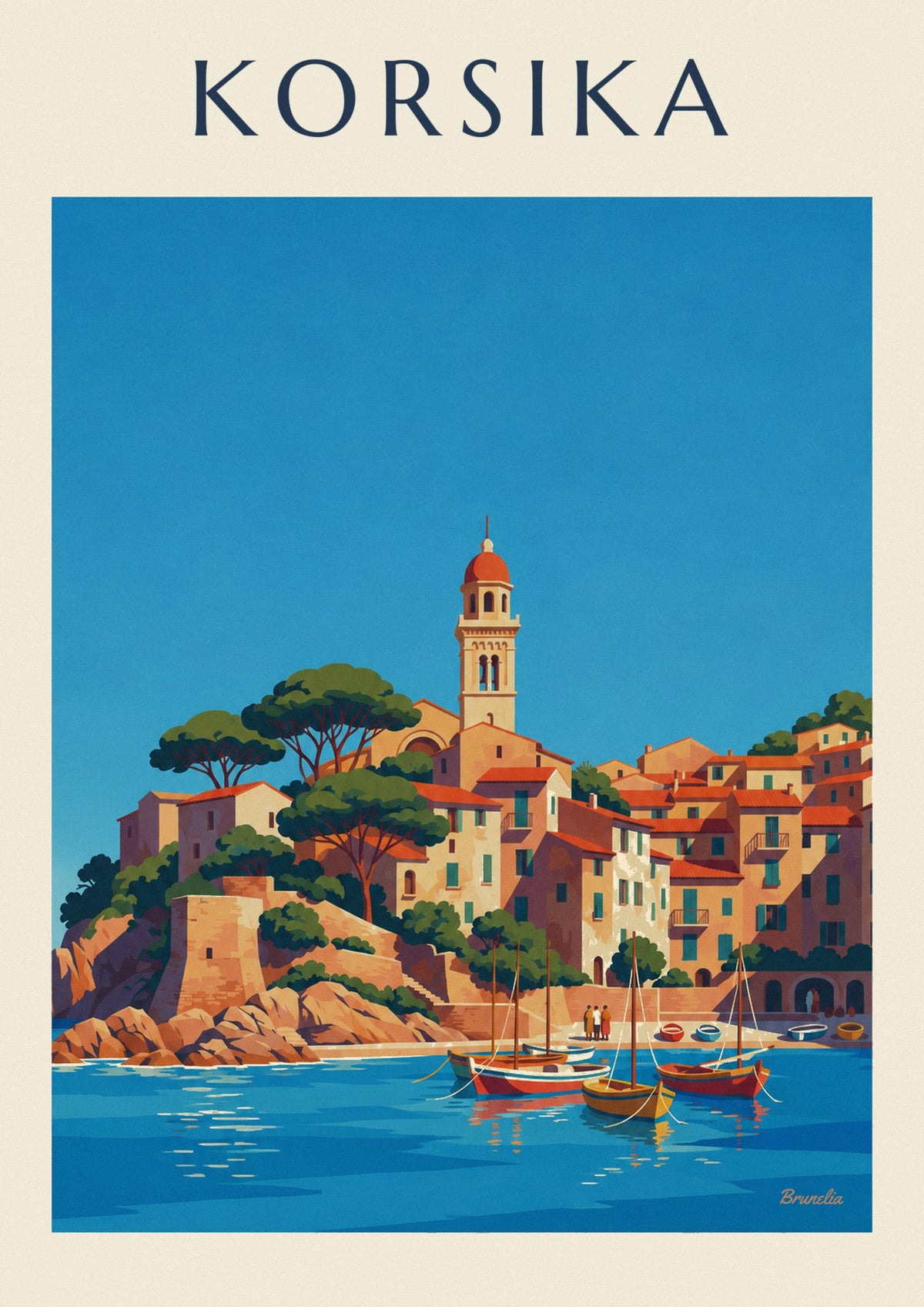 Poster korsisches Küstendorf mit kleinem Hafen am Mittelmeer