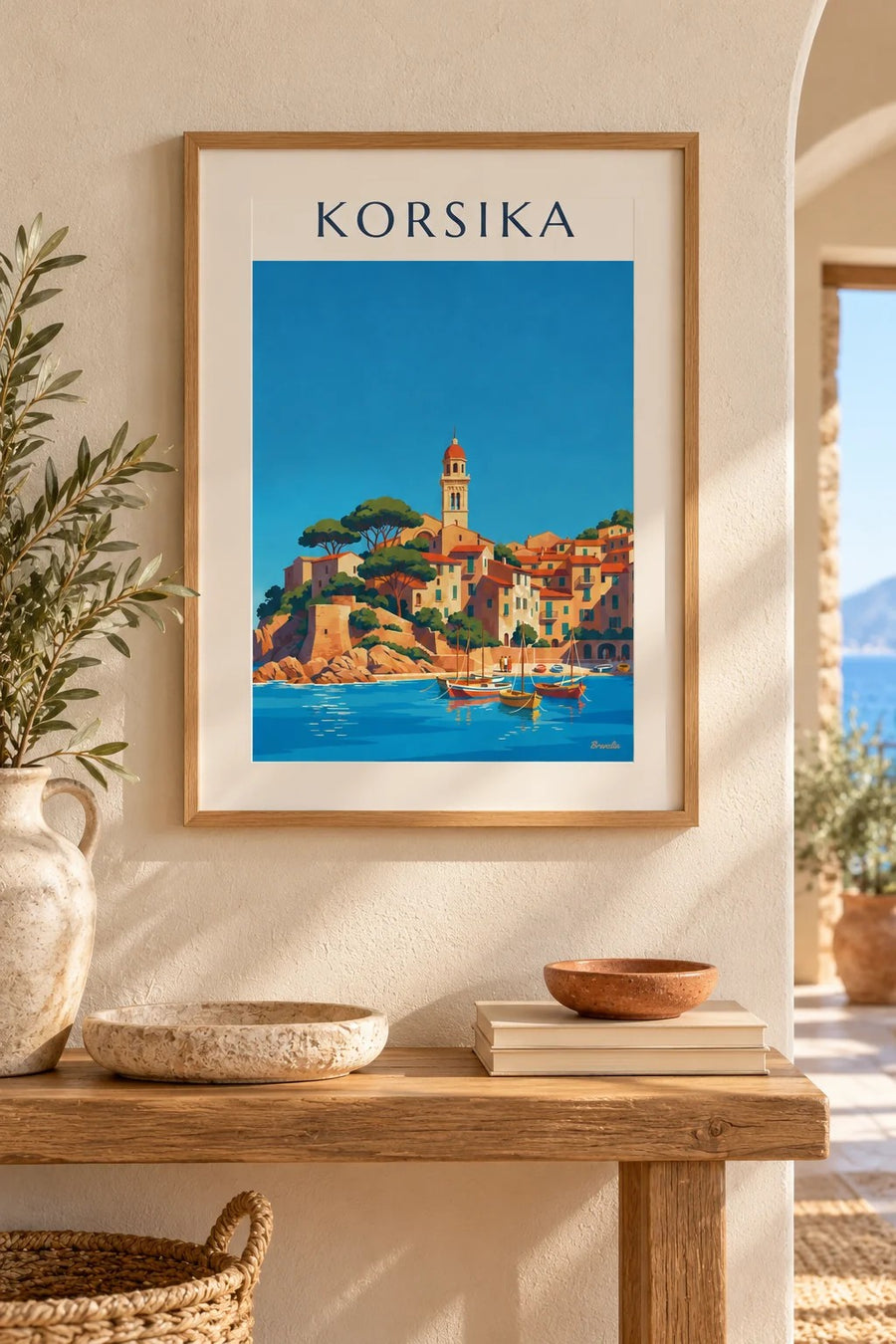 Poster korsisches Küstendorf mit kleinem Hafen am Mittelmeer: kleines A4-Format, gerahmt