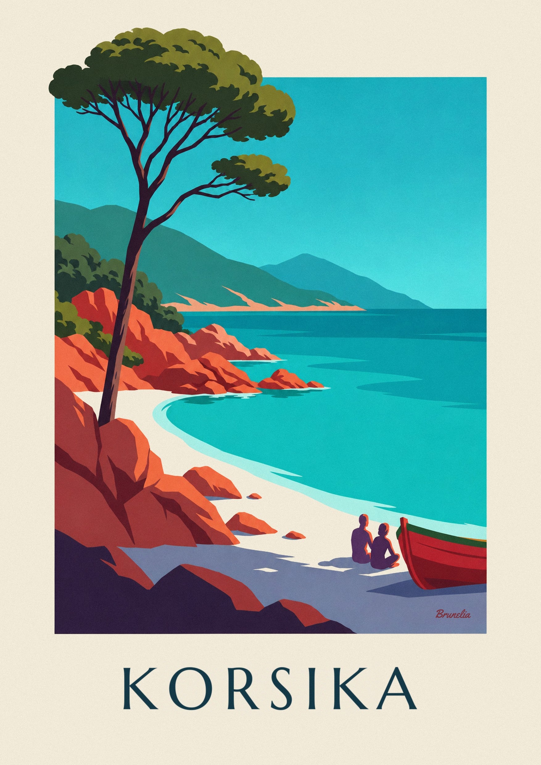 Poster Bucht auf Korsika, rote Granitfelsen und Schirmpinie: Detail in Nahaufnahme