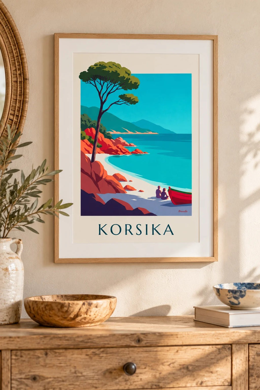 Poster Bucht auf Korsika, rote Granitfelsen und Schirmpinie: kleines Format A4, gerahmt