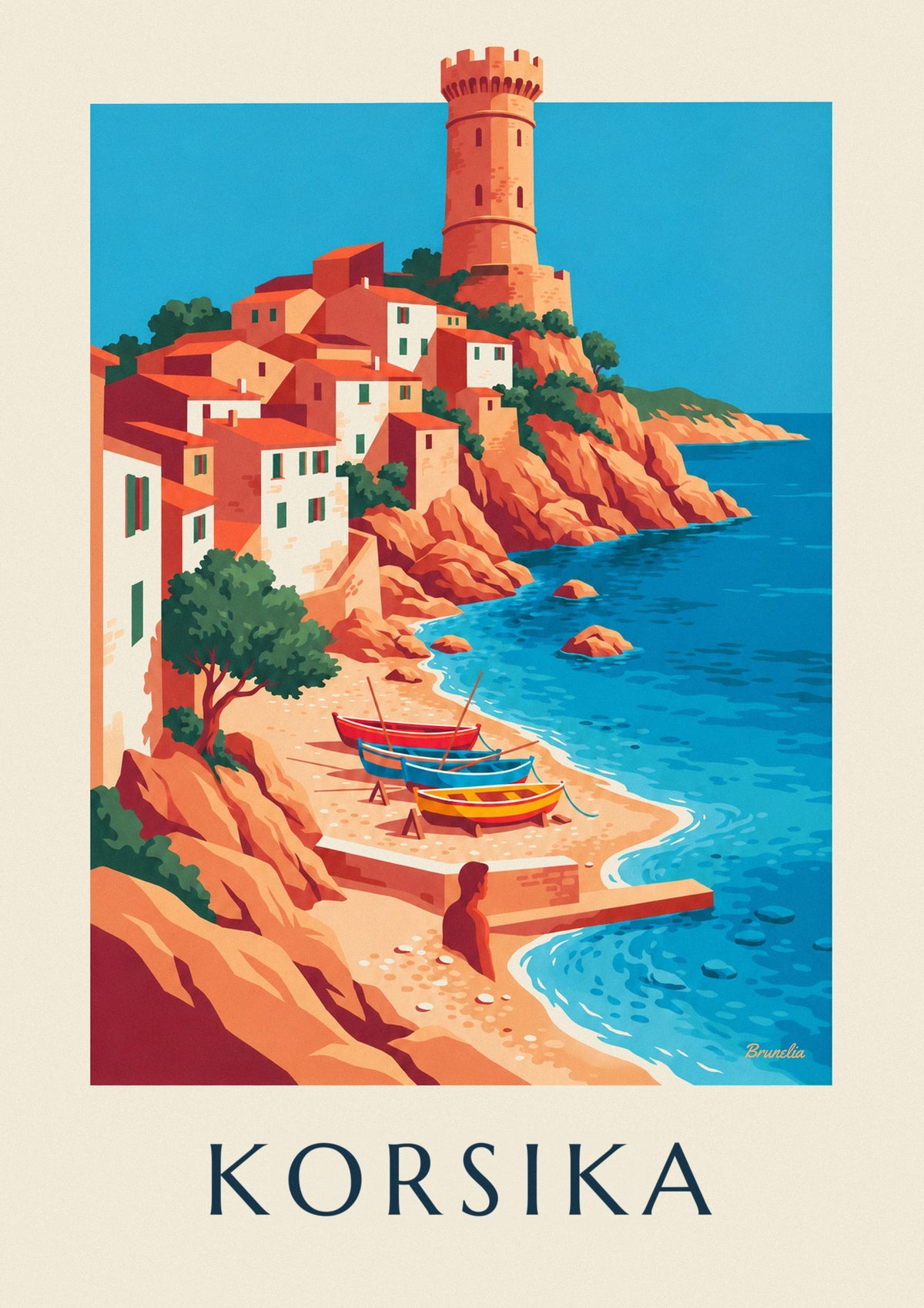 Poster Küstendorf, Genueserturm und Boote auf Korsika