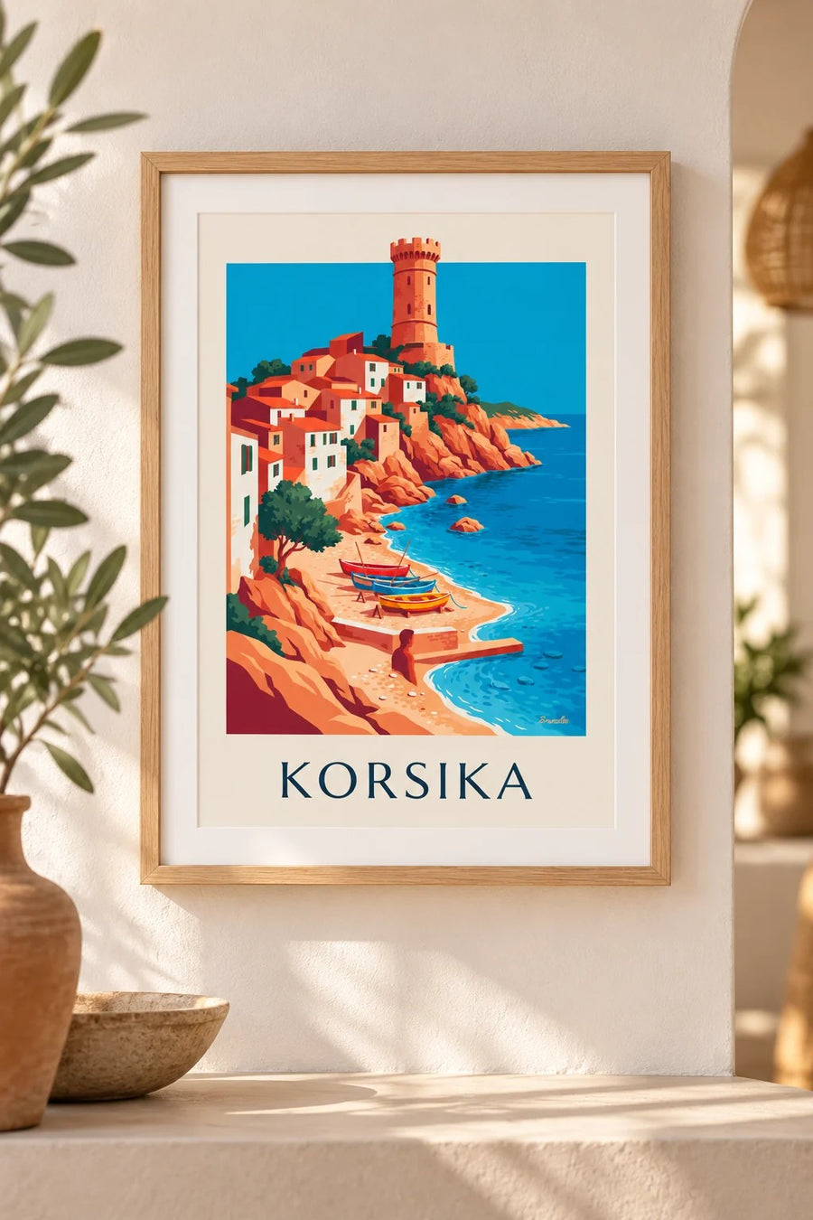 Poster Küstendorf, Genueserturm und Boote auf Korsika: kleines A4-Format, gerahmt
