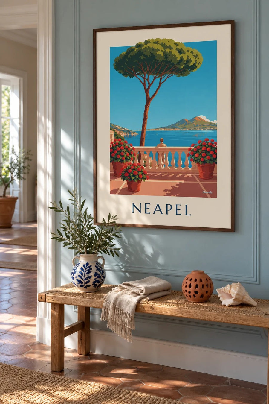 Poster Neapel Bucht und Vesuv, Blick von der Terrasse: gerahmt an der Wand