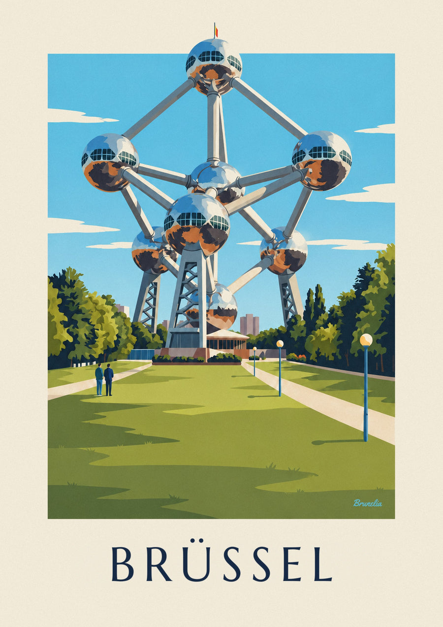 Poster Atomium in Brüssel und Rasenflächen des Parks