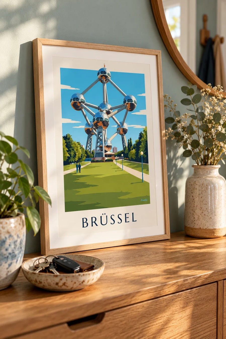 Poster Atomium in Brüssel und Rasenflächen des Parks: kleines Format A4, gerahmt