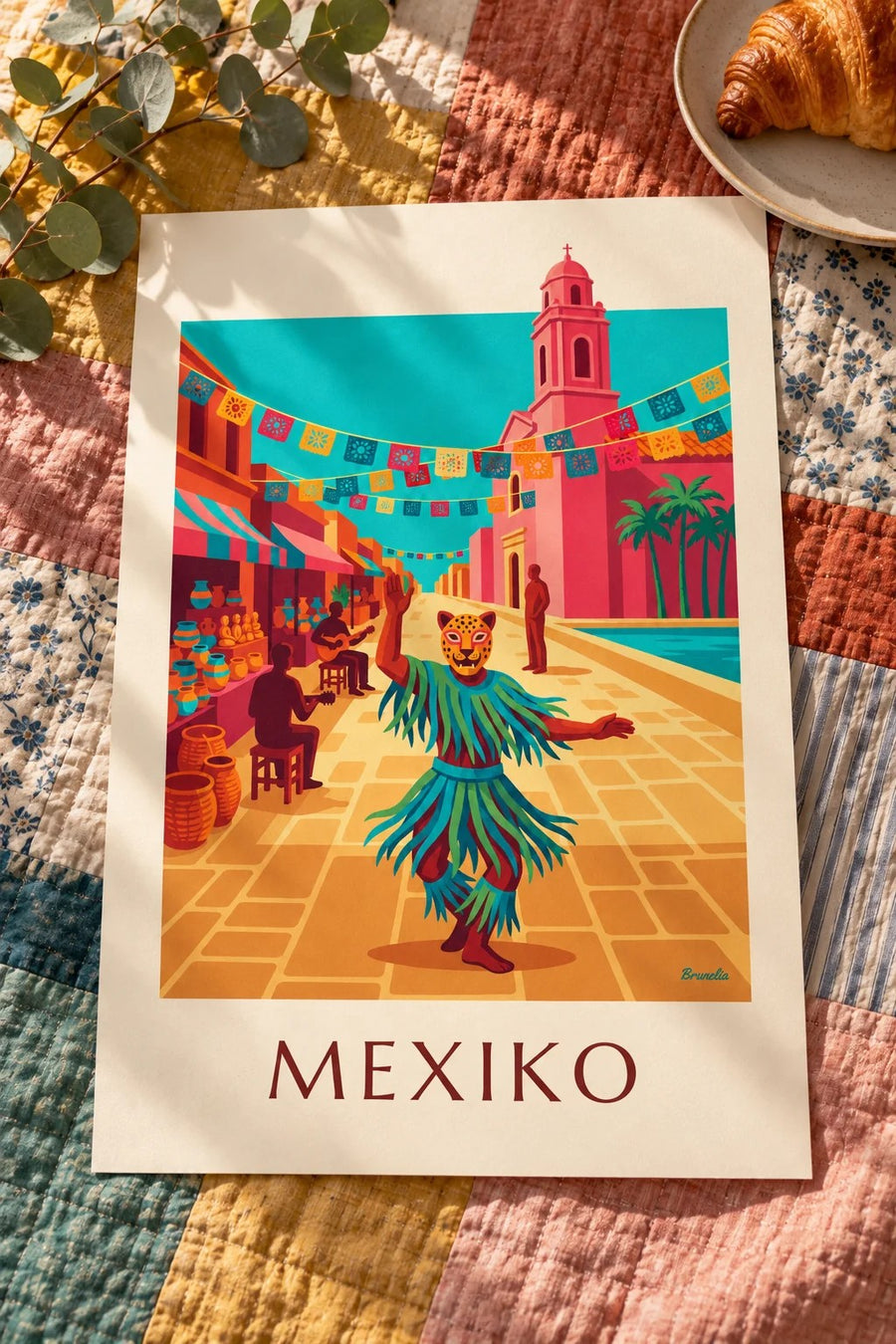 Poster Tänzer mit Jaguarmaske auf einem Platz in Mexiko: auf einem Tisch abgestellt