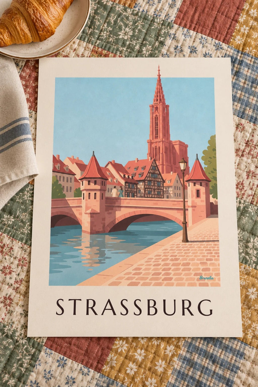 Poster Straßburger Münster und mittelalterliche Brücke: auf einem Tisch aufgestellt