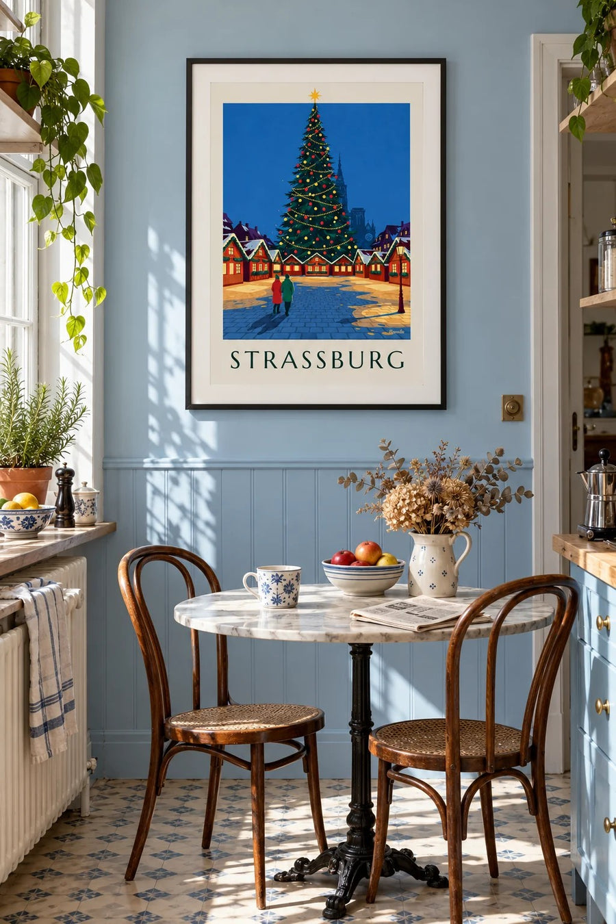 Poster Weihnachtsmarkt in Straßburg auf der Place Kléber: gerahmt an der Wand