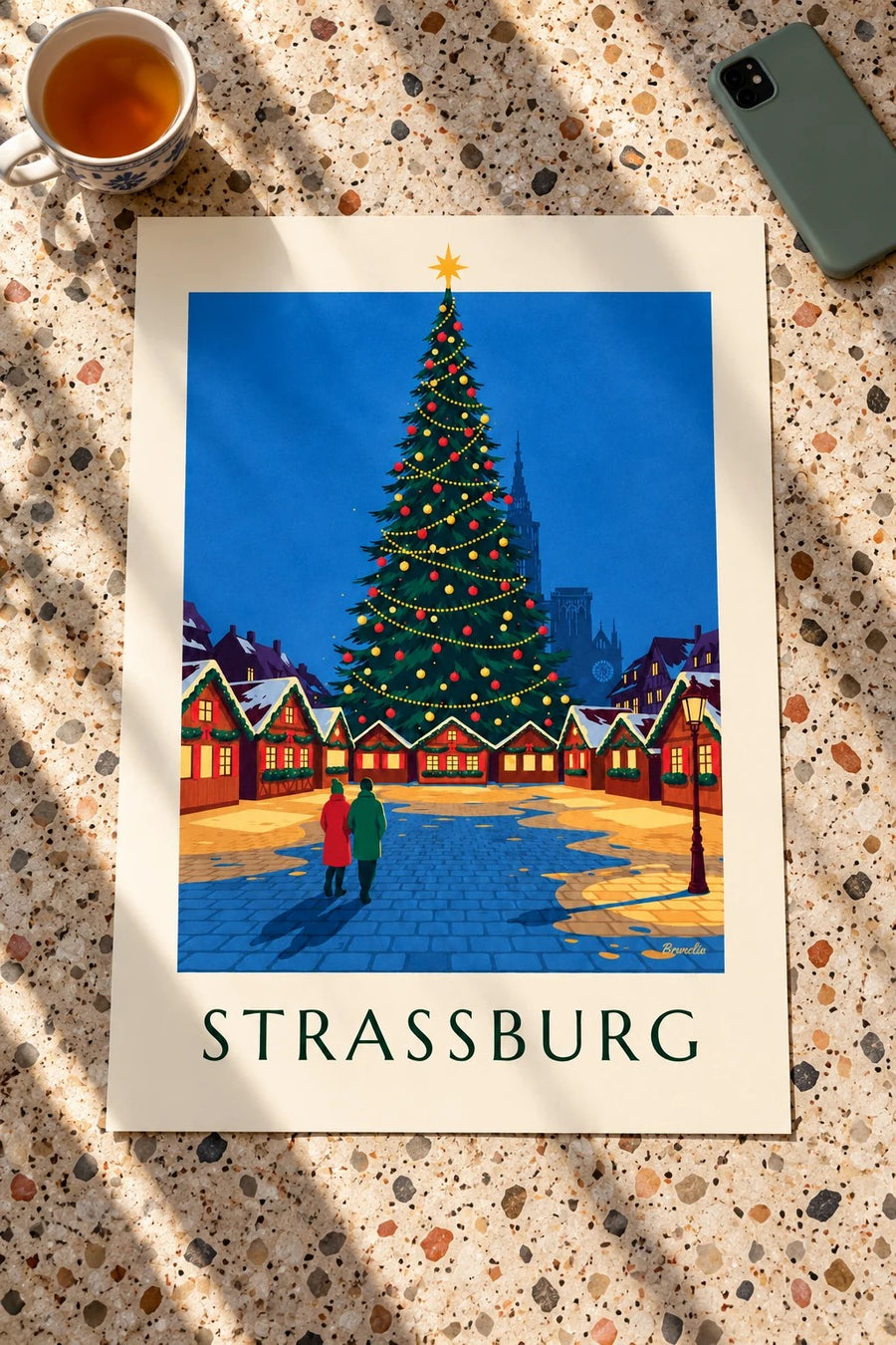 Poster Weihnachtsmarkt in Straßburg auf der Place Kléber: flach auf einem Tisch