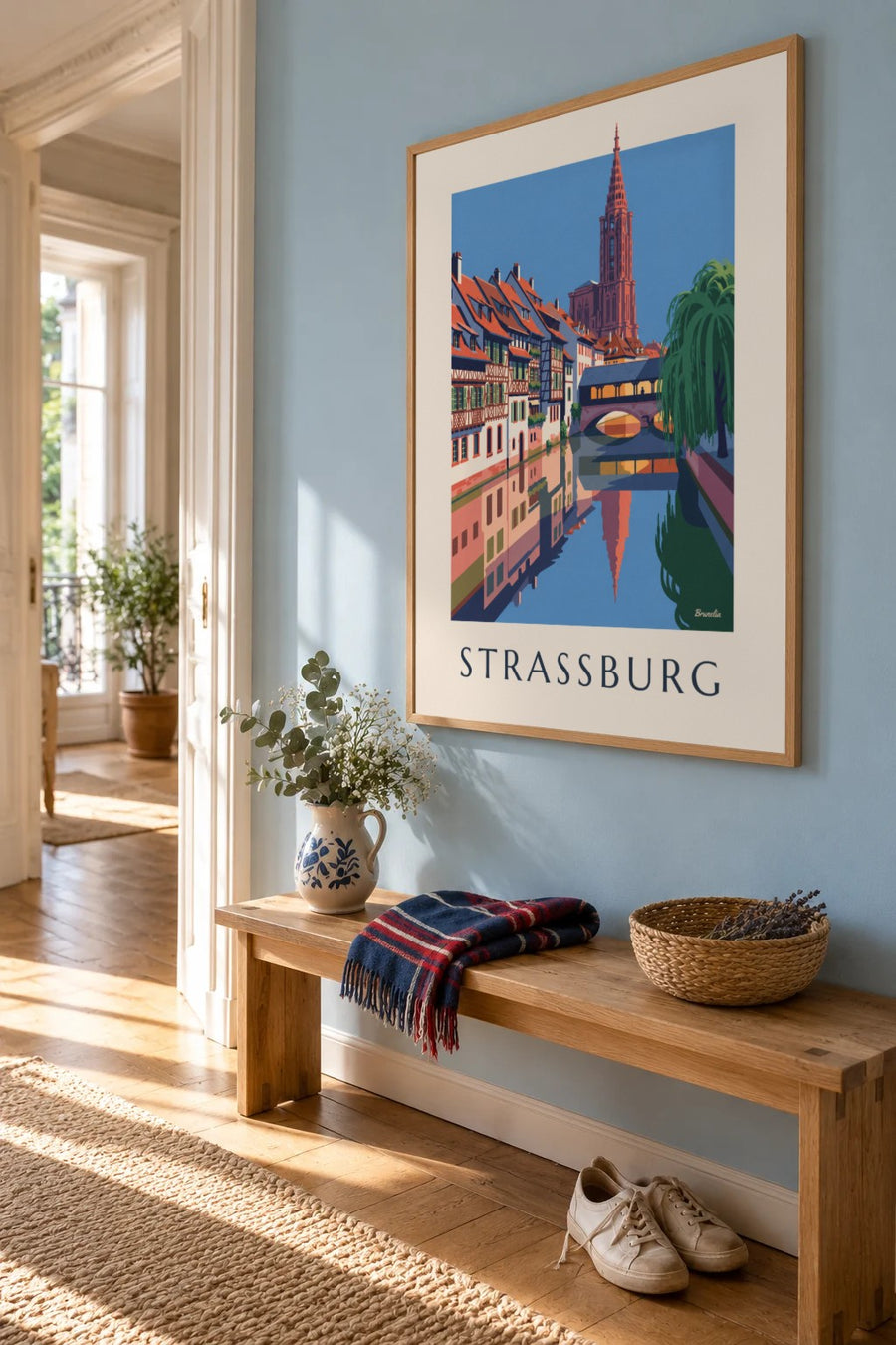 Poster Fachwerkhäuser und überdachte Brücke in Petite France, Straßburg: gerahmt an der Wand