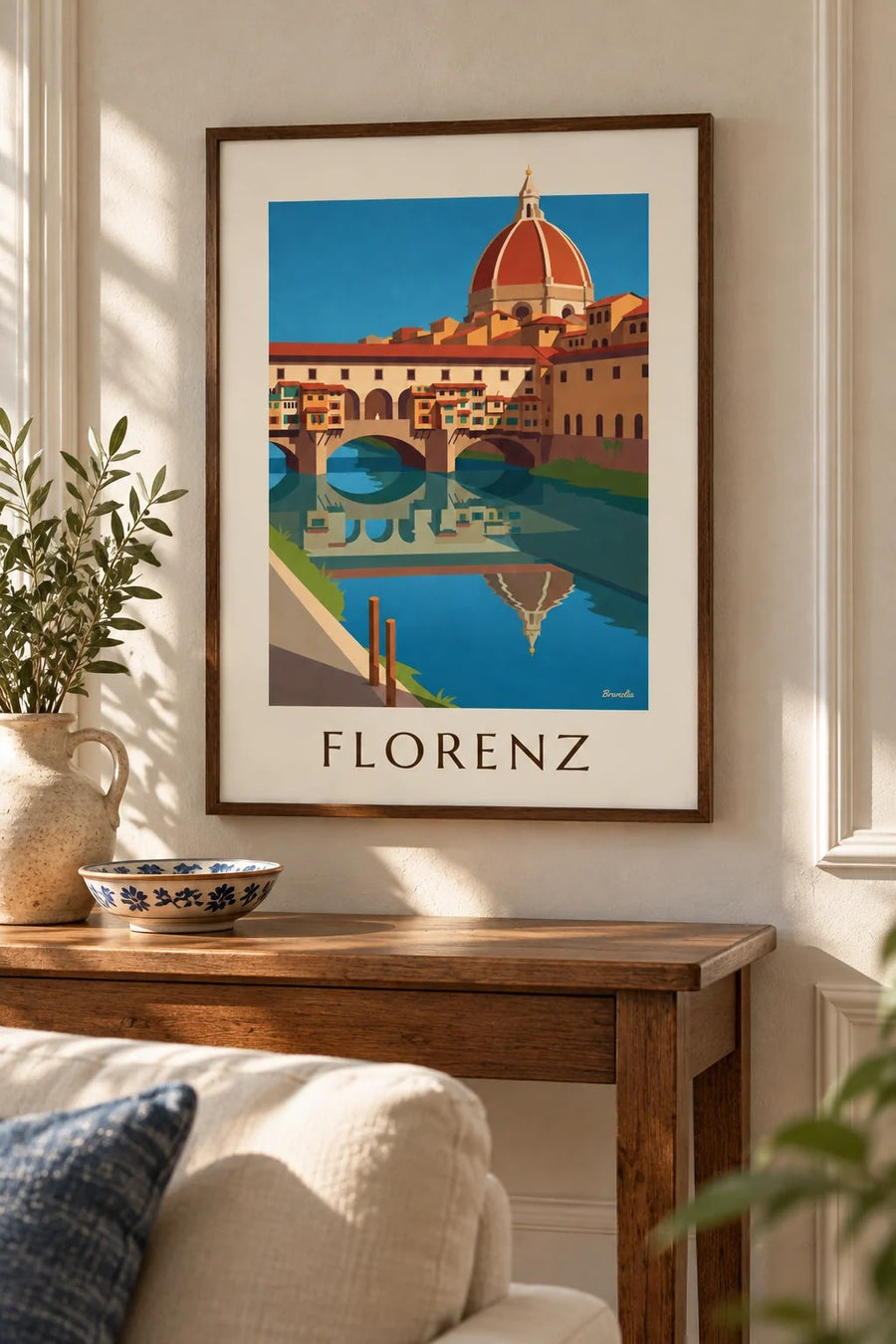 Poster Ponte Vecchio und Arno in Florenz: kleines A4-Format, gerahmt