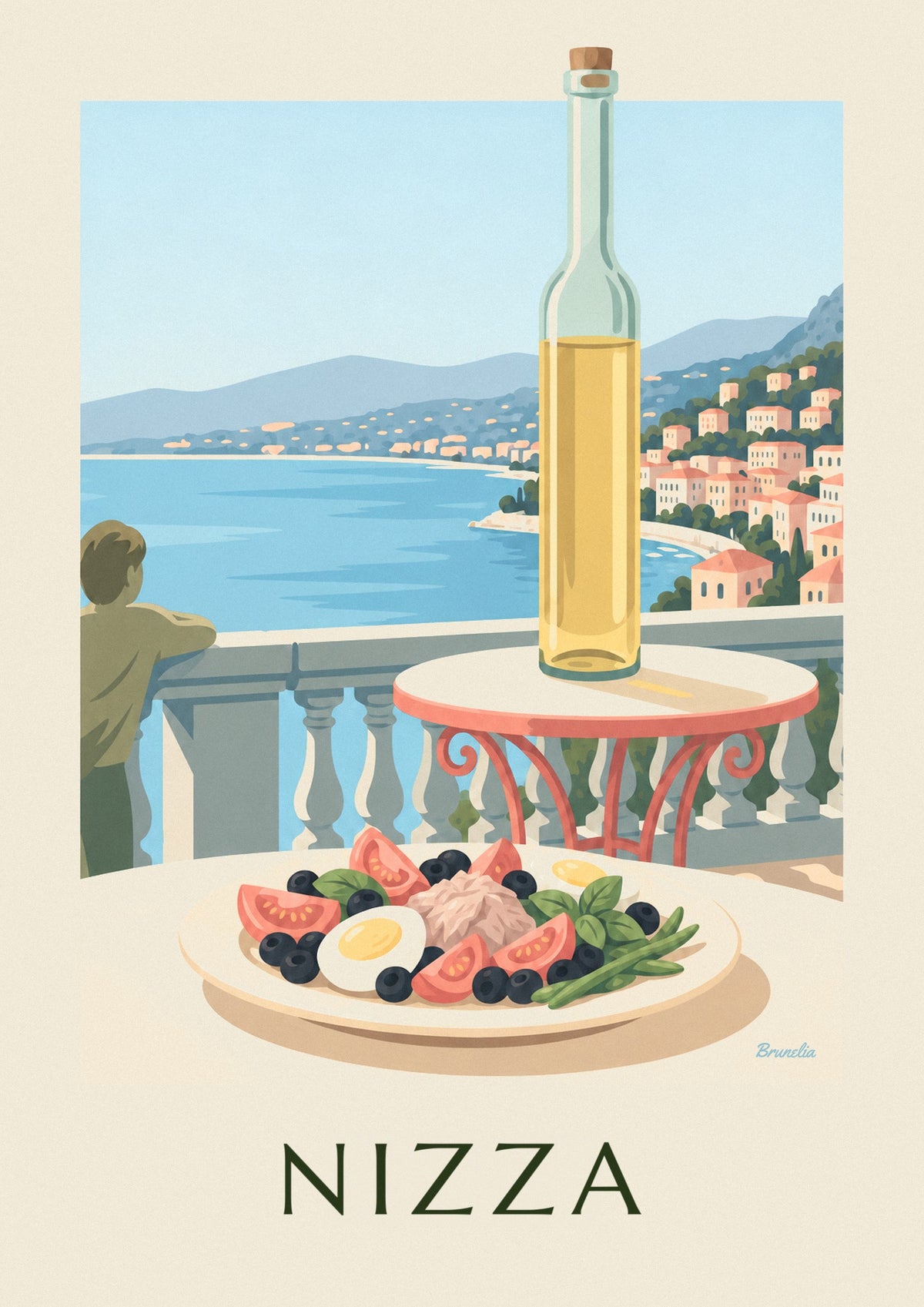Poster Salade Niçoise auf einer Terrasse mit Meerblick