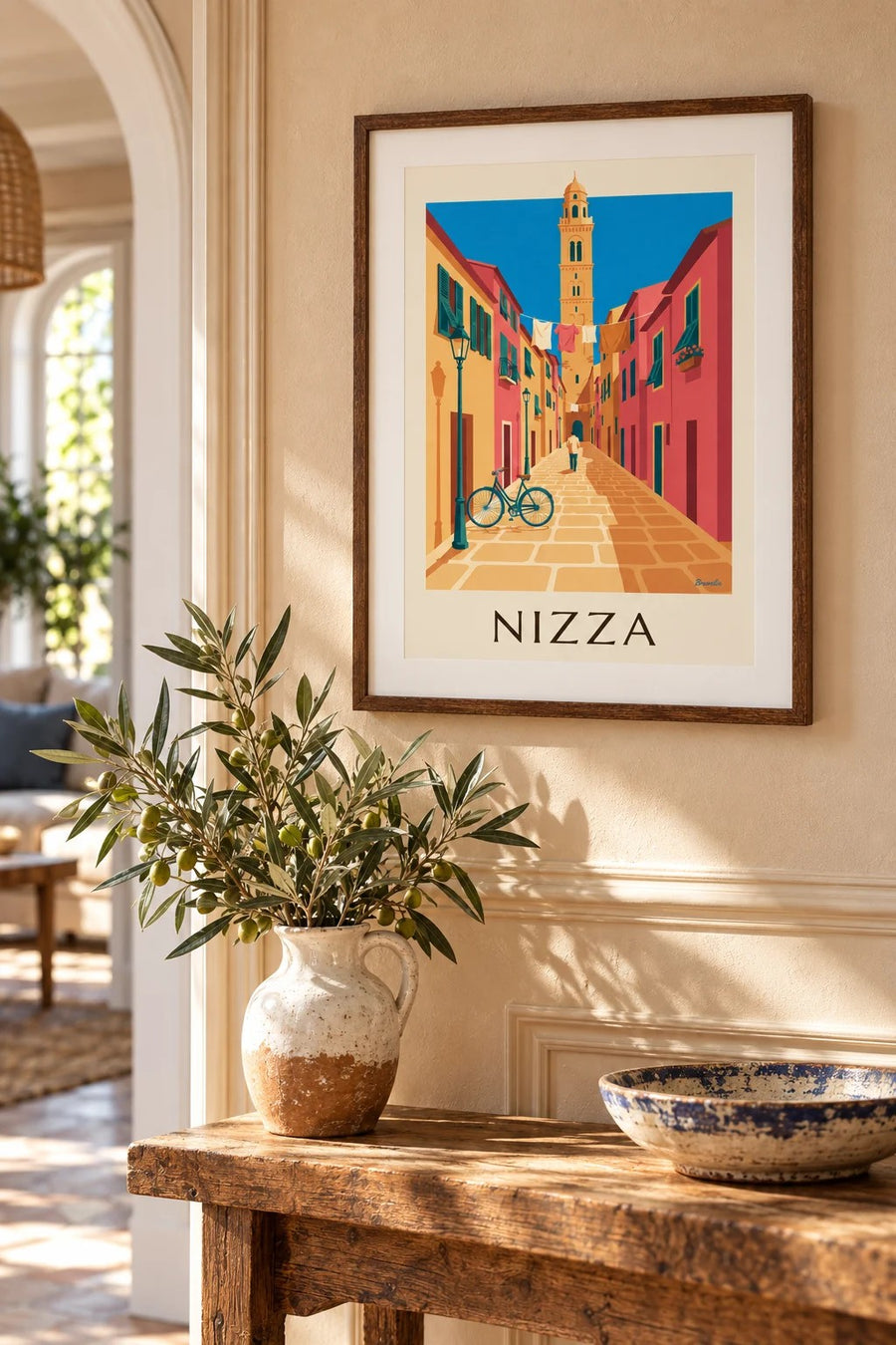 Poster Fahrrad in einer Kopfsteinpflastergasse der Altstadt von Nizza: kleines Format A4 gerahmt