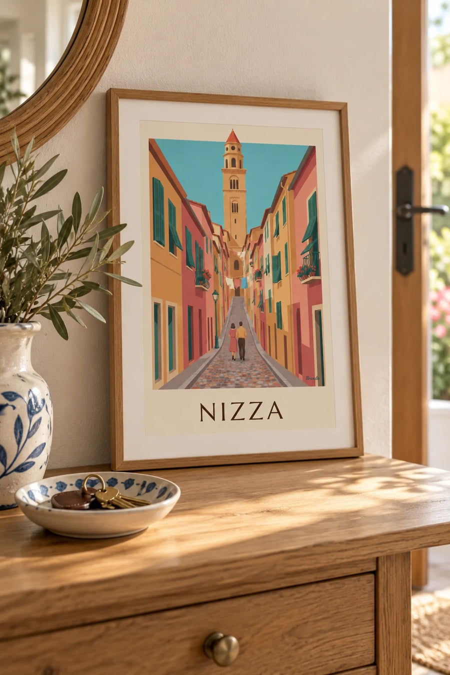 Poster bunte Gasse der Altstadt von Nizza und Glockenturm von Sainte-Réparate: kleines A4-Format im Rahmen