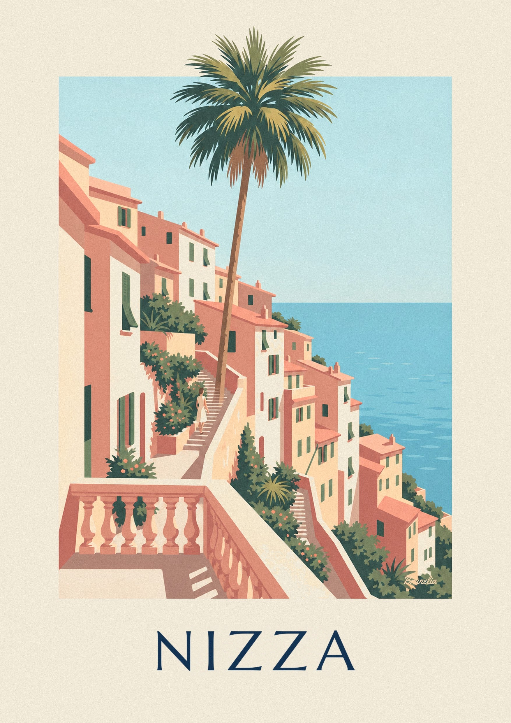 Poster ockerfarbene Häuser und azurblaues Meer über den Hügeln von Nizza: Detail in Nahaufnahme
