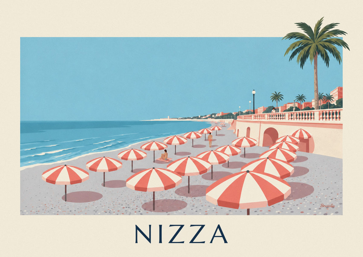 Poster gestreifte Sonnenschirme am Strand von Nizza, Baie des Anges