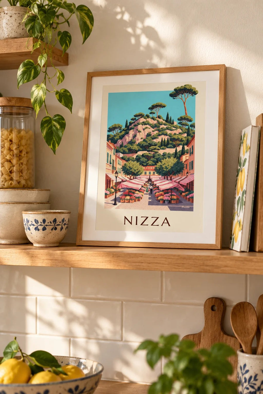 Poster Blumenmarkt Cours Saleya in Nizza: kleines A4-Format, gerahmt