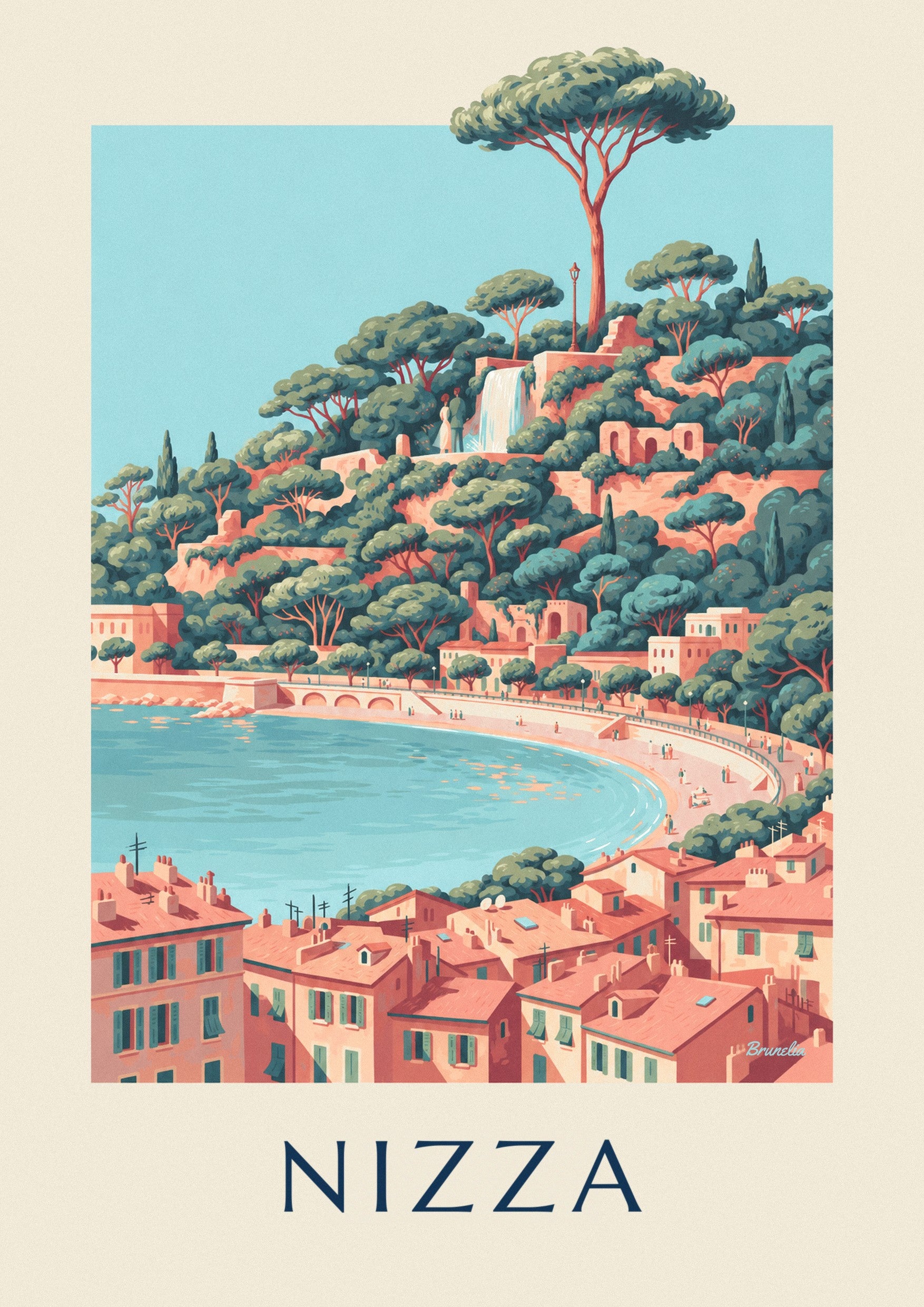 Poster Wasserfall am Schlossberg und Baie des Anges in Nizza: Detail in Nahaufnahme