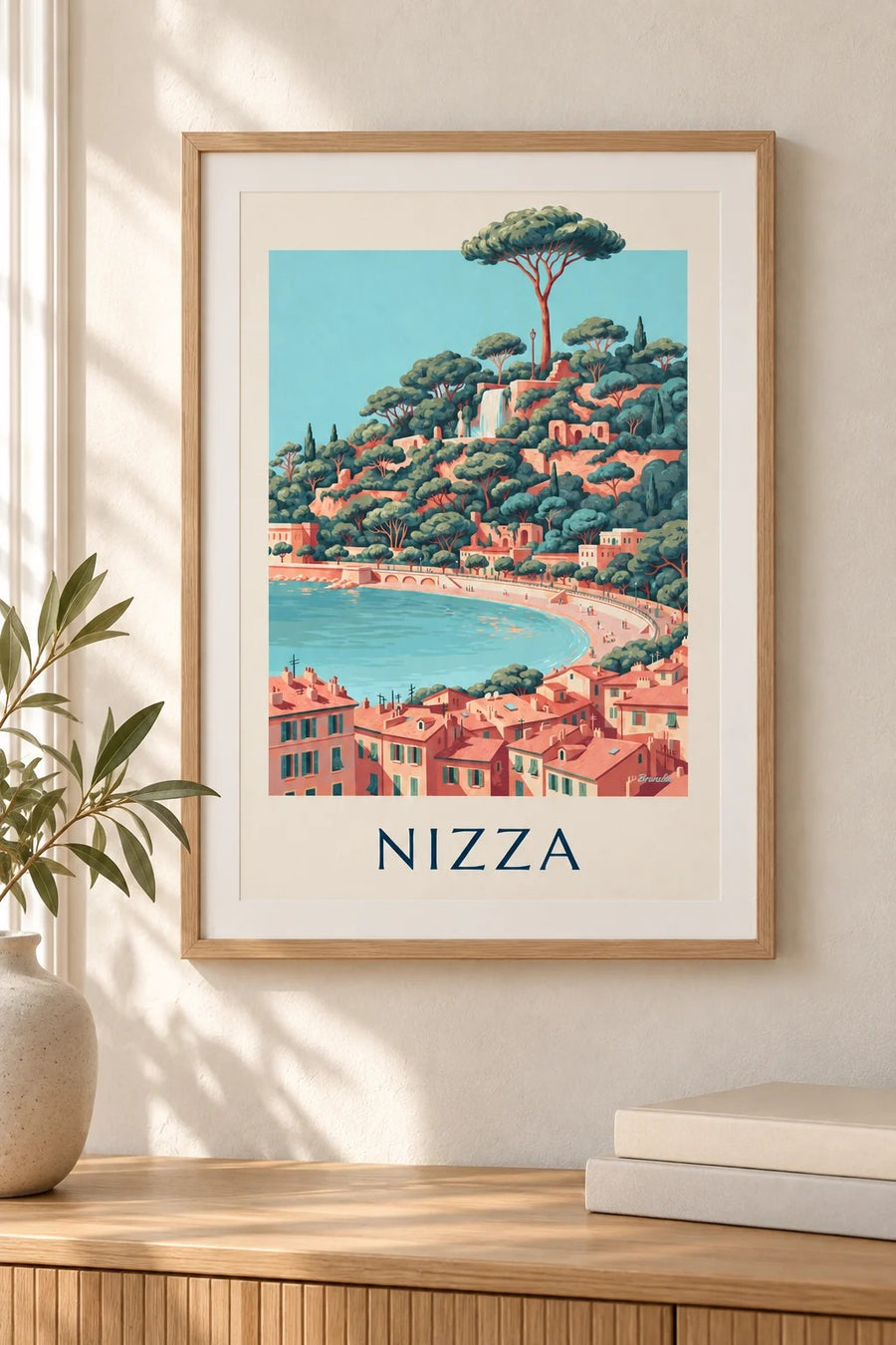 Poster Wasserfall am Schlossberg und Baie des Anges in Nizza: kleines Format A4 gerahmt