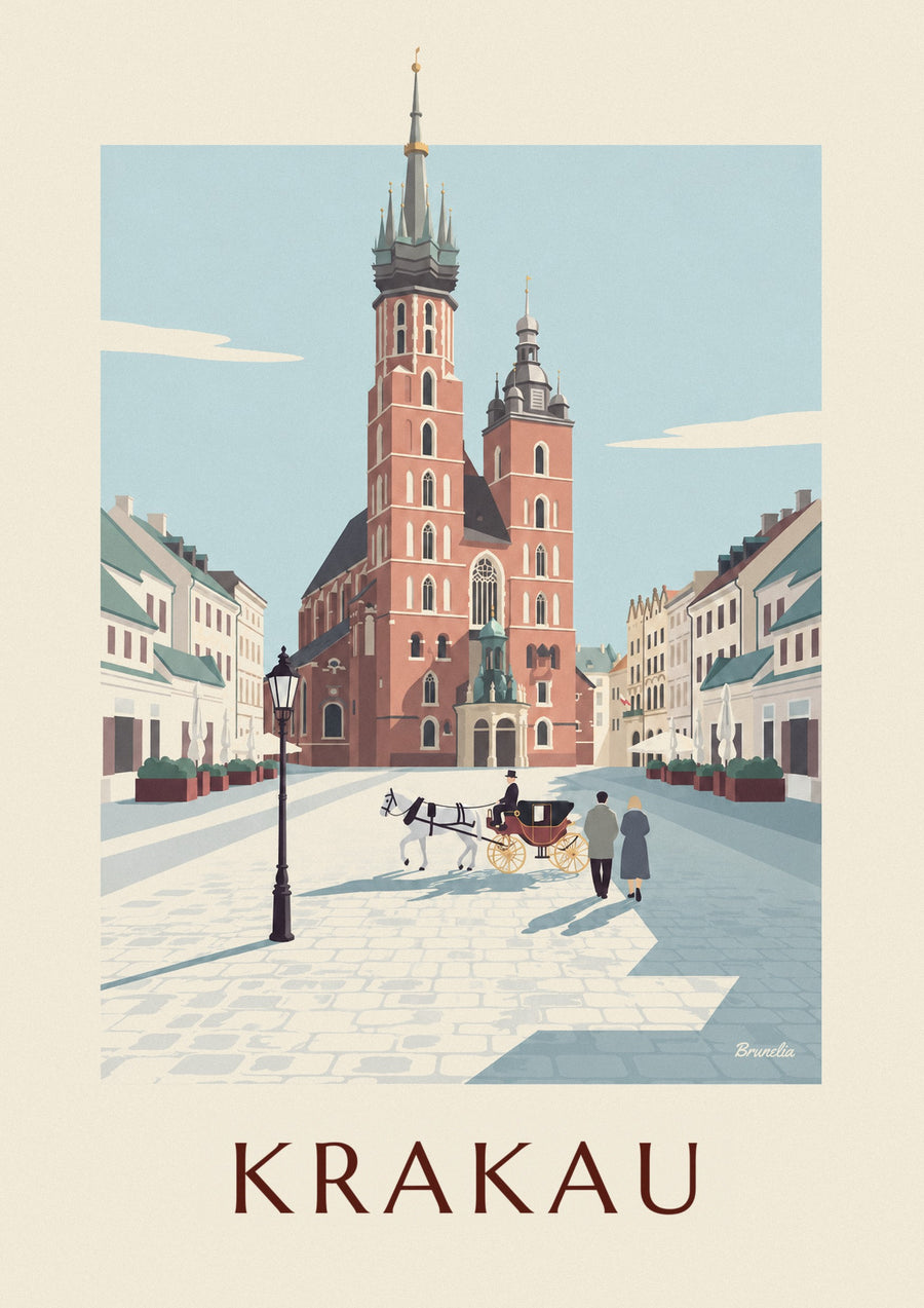Poster Marienkirche und Kutsche auf dem Krakauer Hauptmarkt