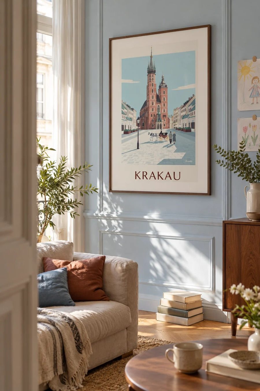 Poster Marienkirche und Kutsche auf dem Krakauer Hauptmarkt: gerahmt an der Wand