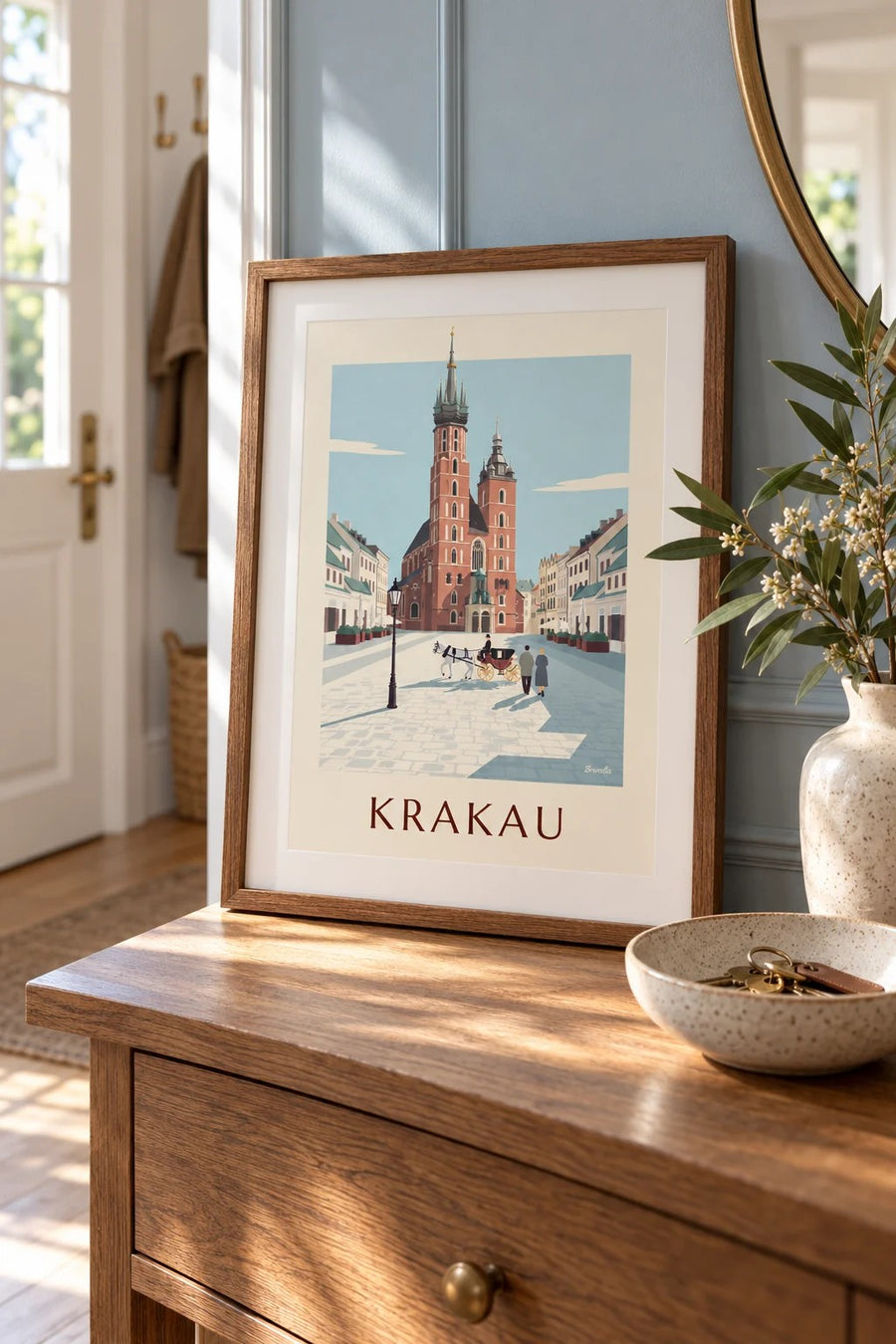 Poster Marienkirche und Kutsche auf dem Krakauer Hauptmarkt: kleines A4-Format, gerahmt