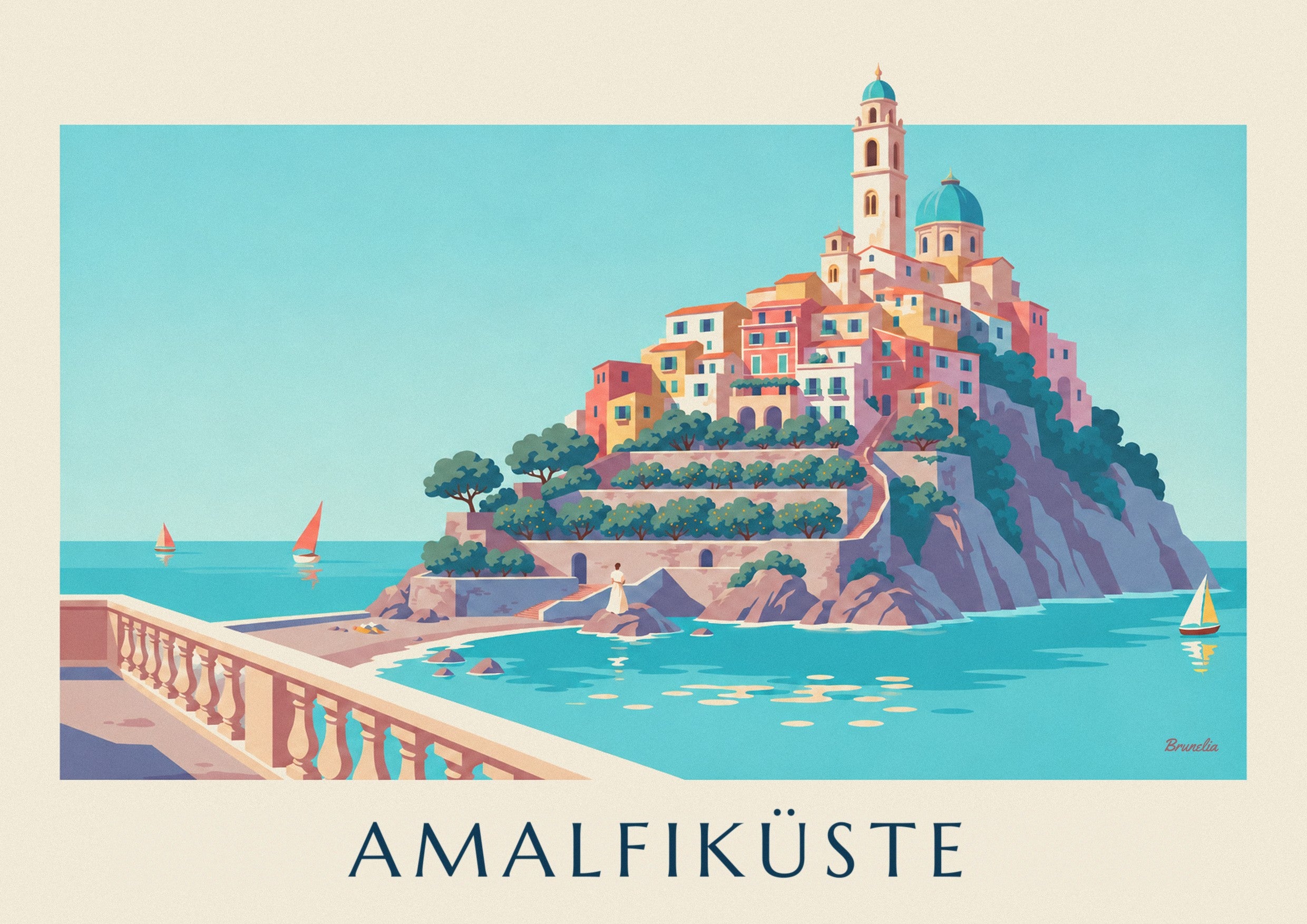Poster Amalfiküste, bunte Häuser und türkisfarbene Bucht: Detail in Nahaufnahme