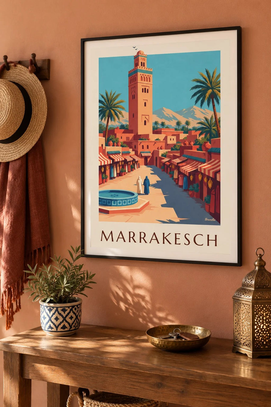 Poster Medina von Marrakesch und Minarett der Koutoubia: gerahmt an der Wand